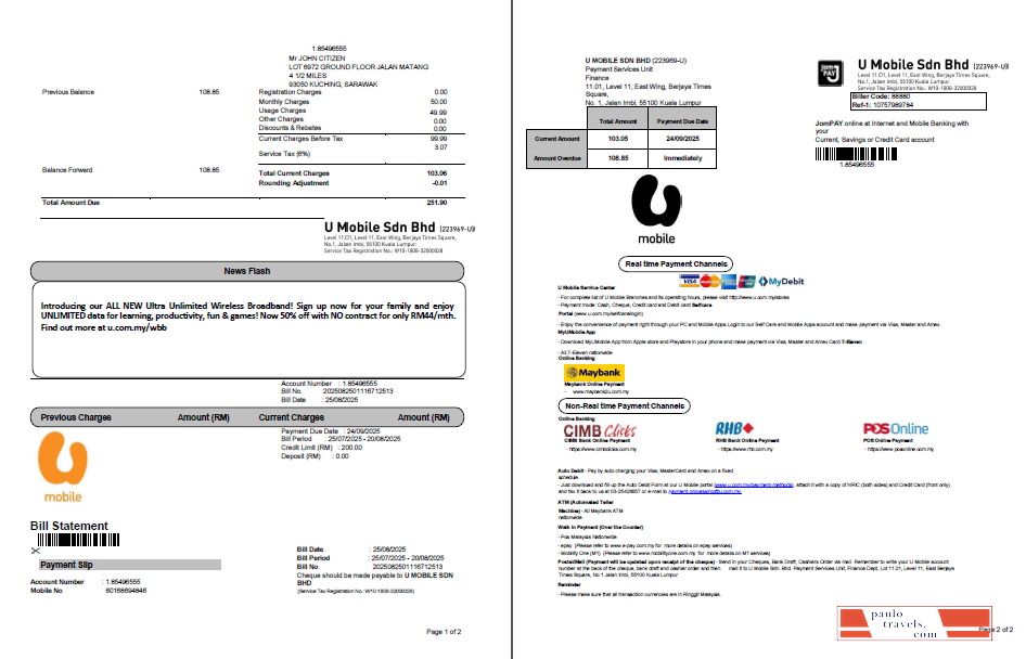 Malaysia U Mobile utility bill template in Word and PDF formats, 2 pages